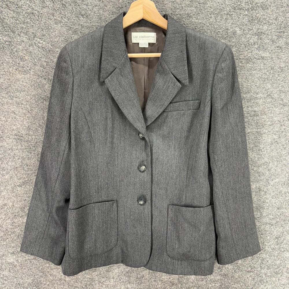 Liz Claiborne Blazer Women 14P Petite Gray Button Up Lined Wool Long Sleeve